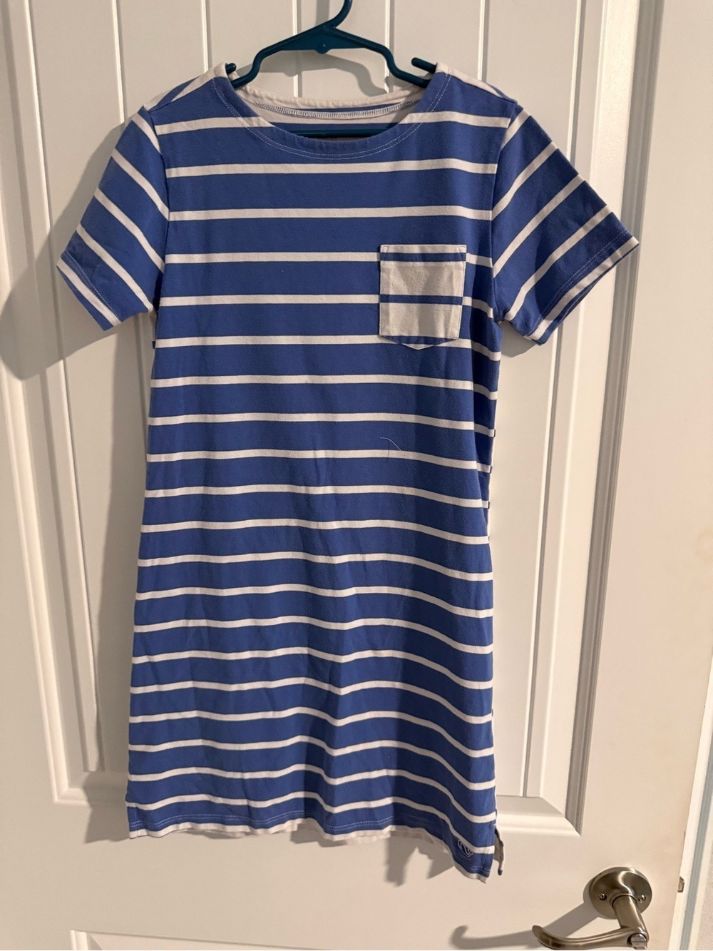Vineyard Vines Girls Medium Blue White Striped T-Shirt Dress Pocket